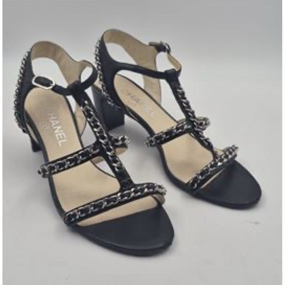 CHANEL Shoes - CHANEL Black Chain T-Strap Sandal Heels 39.5 8.5 Silver CC Block
